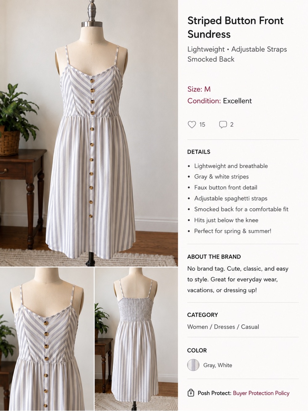 Striped Gray & White Button-Front Sundress
